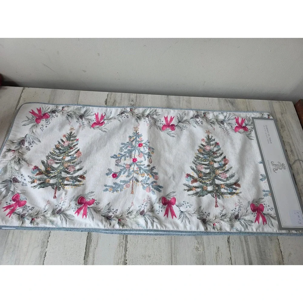 Rachel ashwell beaded tree pink ribbon breast cancer table runner‎ Xmas blue